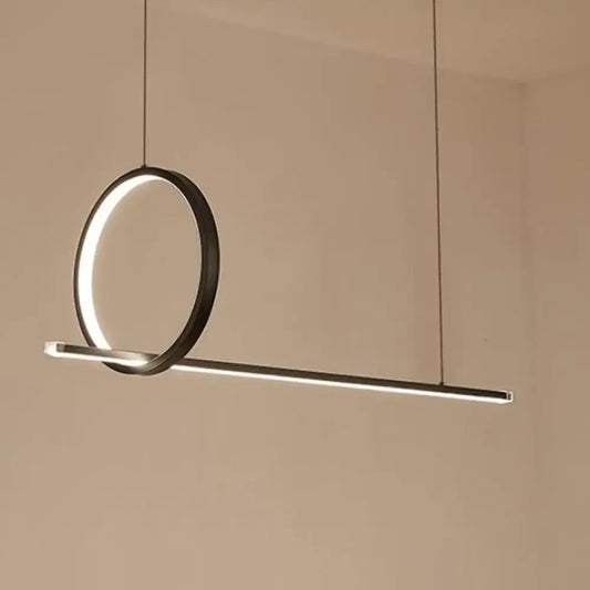 Modern black metal DecorBites™ LED linear pendant and ring island light with integrated horizontal bar for kitchen ceiling