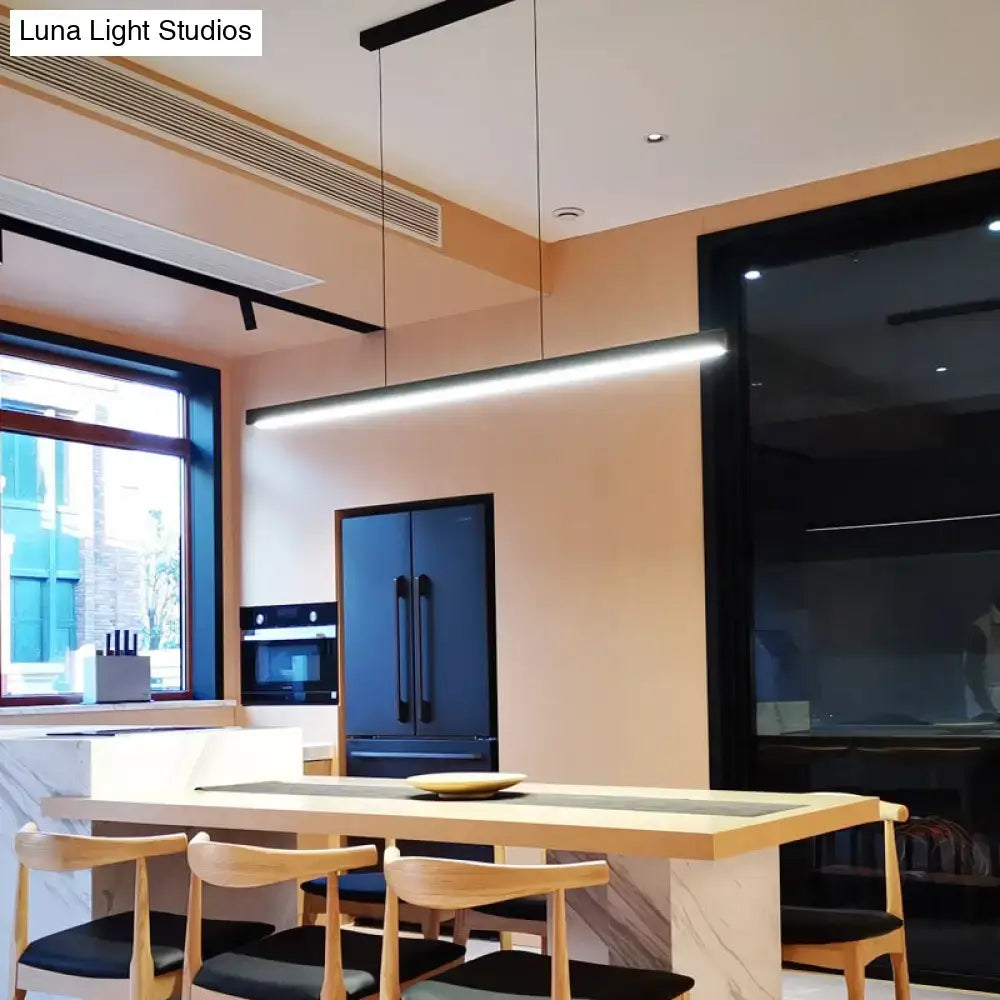 Modern black metal linear led pendant with sleek minimalist design and remote control for restaurant island lighting