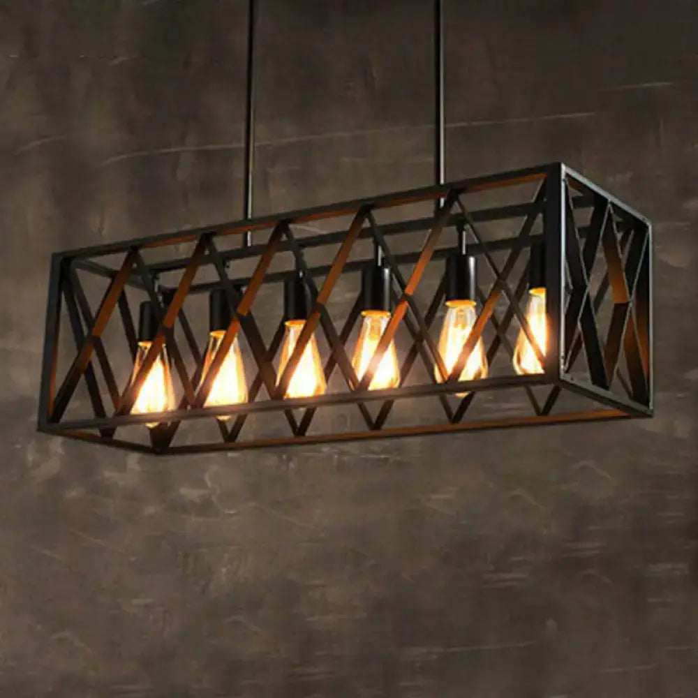 DecorBites black metal suspension pendant light with industrial rectangular frame and five edison bulbs for dining room