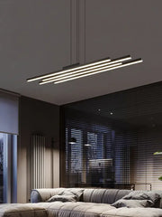 Decorbites black nordic chandelier featuring a minimalist design with three sleek metallic bars emitting warm light