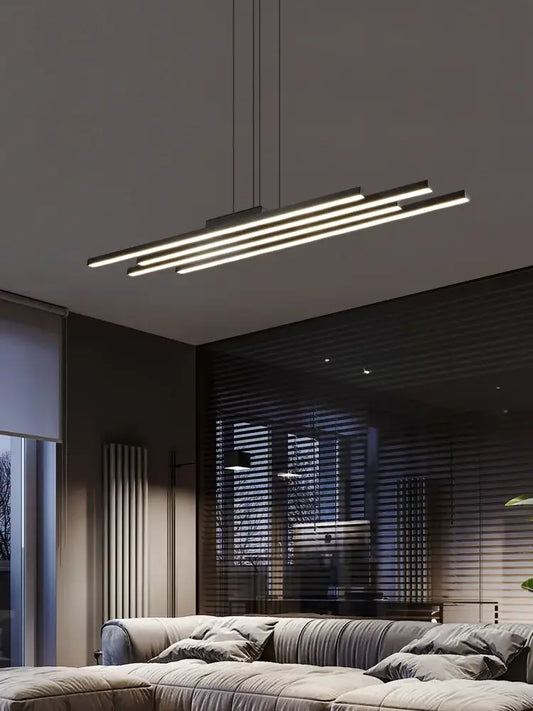 Decorbites black nordic chandelier featuring a minimalist design with three sleek metallic bars emitting warm light