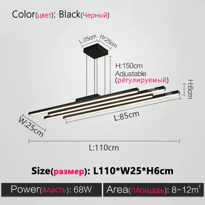 Black nordic chandelier by decorbites with three horizontal LED bars and adjustable height for modern living rooms