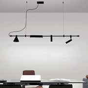 Black minimalist linear pendant light fixture with adjustable spotlights in decorbites black nordic designer chandelier style
