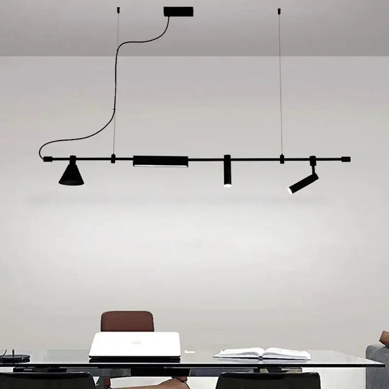 Black minimalist linear pendant light fixture with adjustable spotlights in decorbites black nordic designer chandelier style