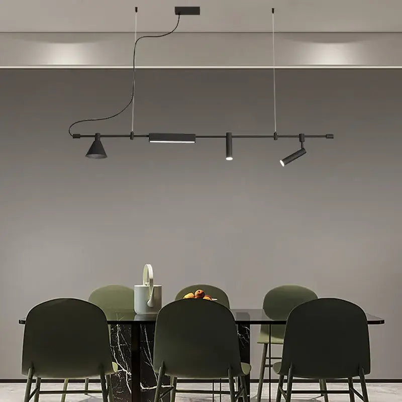 Modern black nordic designer chandelier with adjustable spotlights and minimalist linear pendant light for dining room