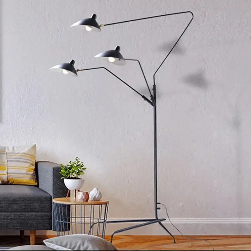 Decorbites black nordic floor lamp with three adjustable black metal arms and white conical shades for living room