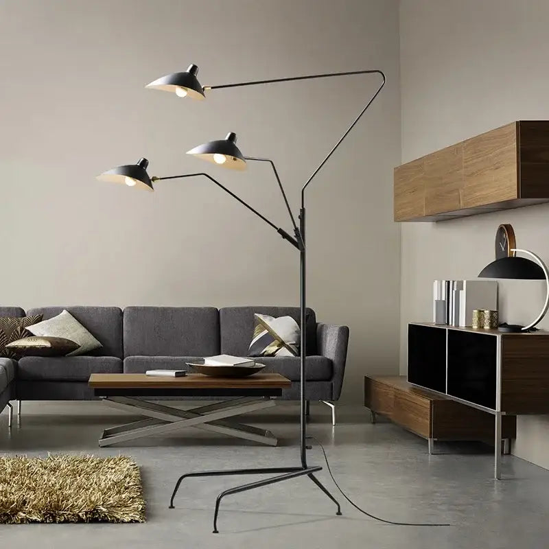 Decorbites black nordic floor lamp with three adjustable arms and black metal dome shades for living room use