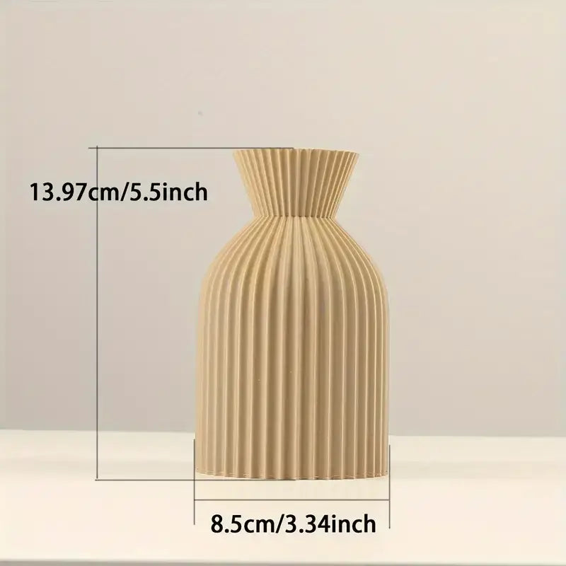 DecorBites™ black plastic vase with beige ribbed texture and fluted vertical grooves for stylish boho decor centerpiece