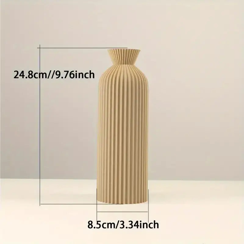 Beige ribbed plastic vase with fluted neck and tapered base by DecorBites stylish boho decor centerpiece
