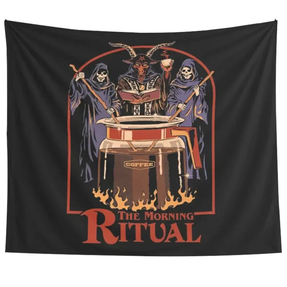 Decorbites black psychedelic tapestry featuring a gothic coffee ritual with demonic and skeletal figures for bedroom wall art