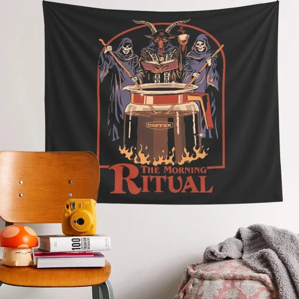Decorbites black psychedelic tapestry featuring a gothic goat-headed figure and skeletal figures with red text morning ritual
