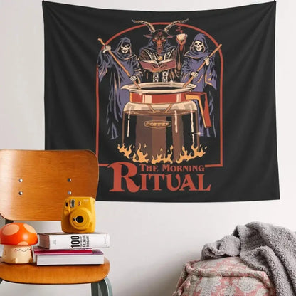 Decorbites black psychedelic tapestry featuring a gothic goat-headed figure and skeletal figures with red text morning ritual