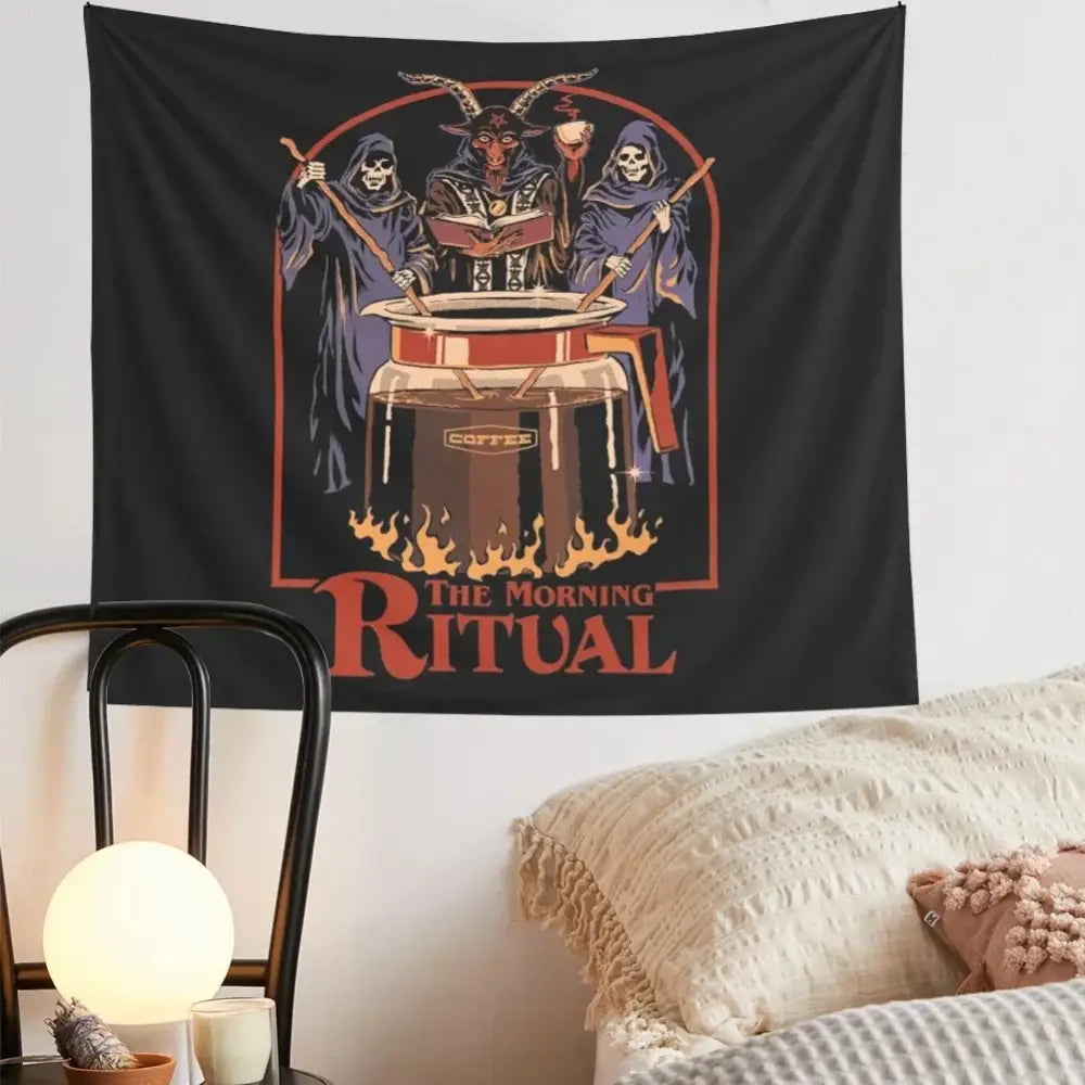Decorbites black psychedelic fabric tapestry featuring whimsical skeleton and goat-headed figures with red morning ritual text