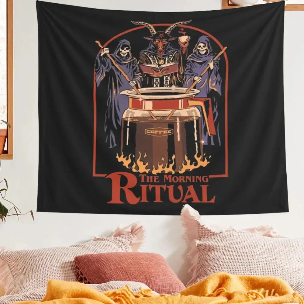 Decorbites black psychedelic tapestry featuring a morning ritual graphic with skeletons and goat-headed figure wall art