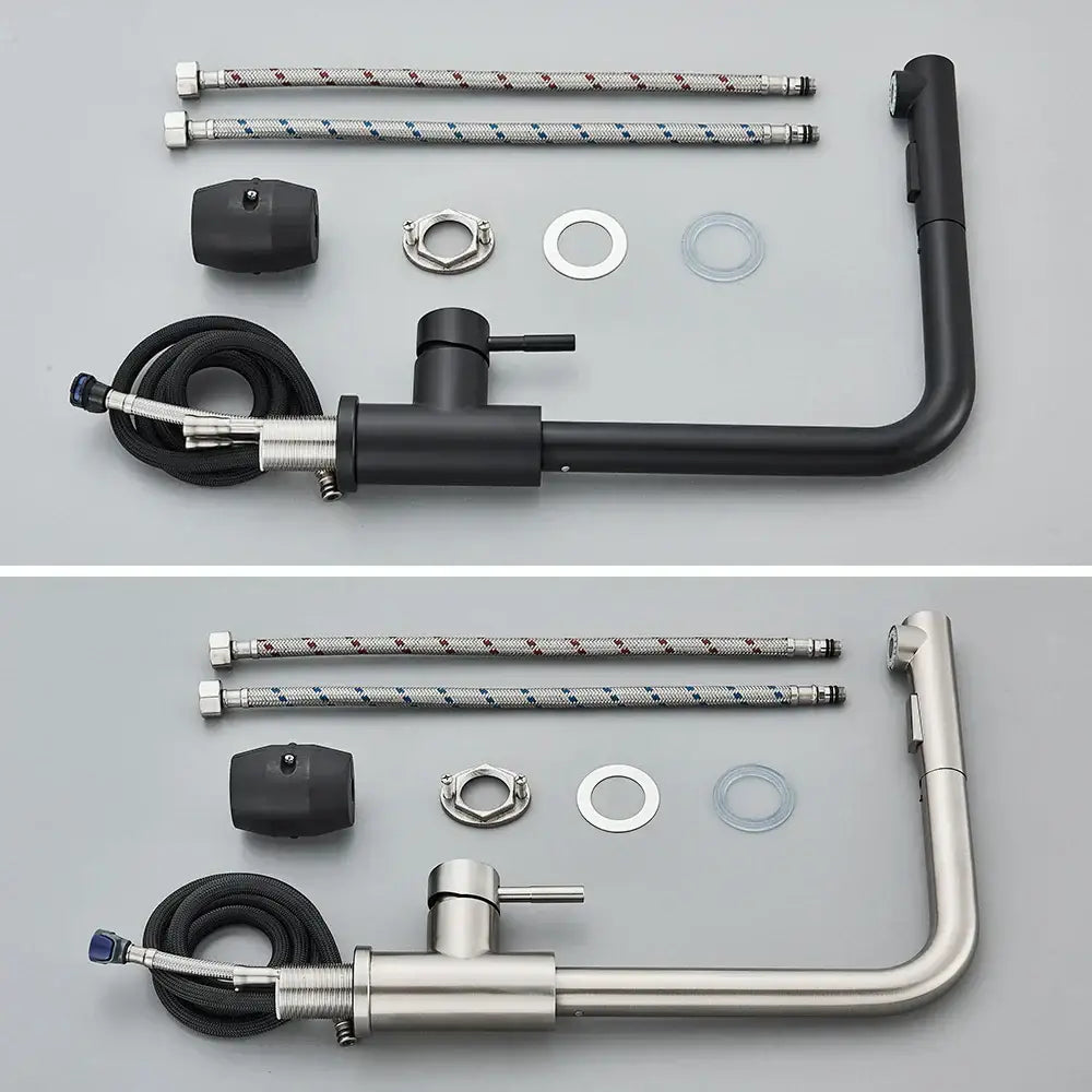Decorbites black pull kitchen faucet with pull-down dual mode nozzle and stainless steel braided hoses in matte finish