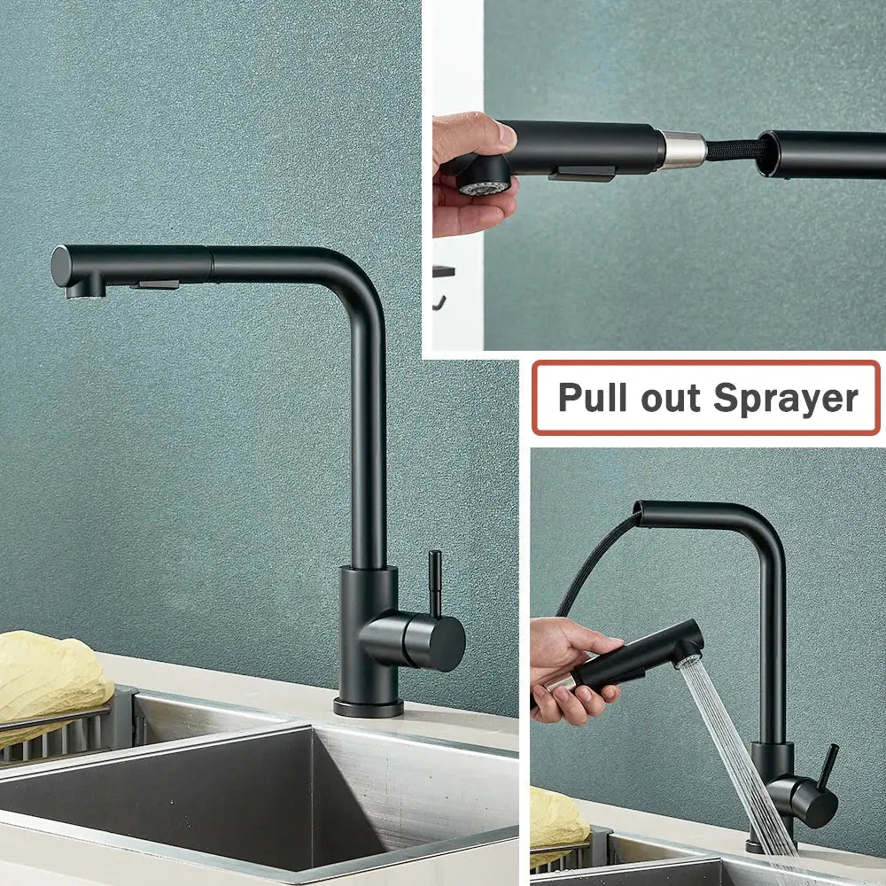 Decorbites black pull out kitchen faucet with dual mode nozzle and black matte finish for modern use