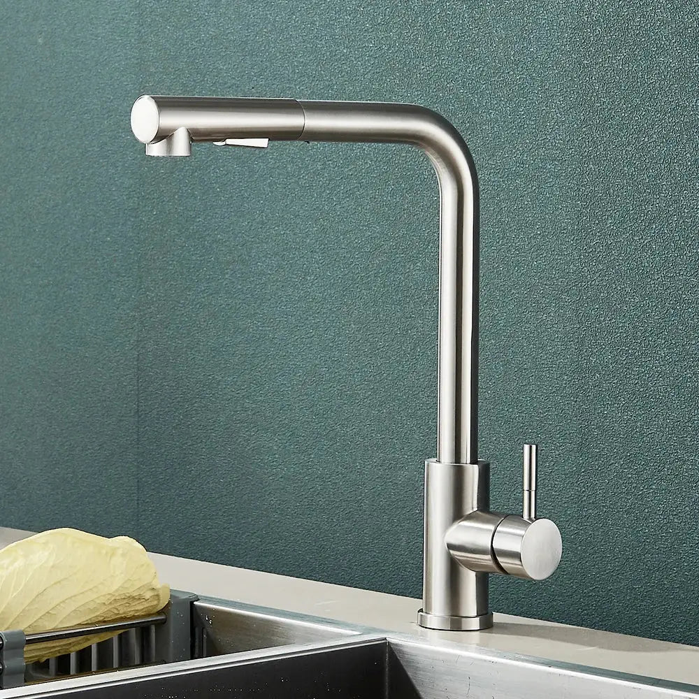 Modern stainless steel decorbites black pull kitchen faucet with sleek curved spout and dual mode pull-down spray head