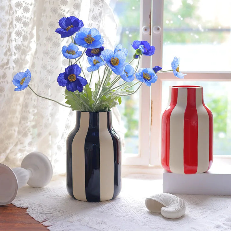 DecorBites™ Black & Red Striped Ceramic Vase - Home Decor