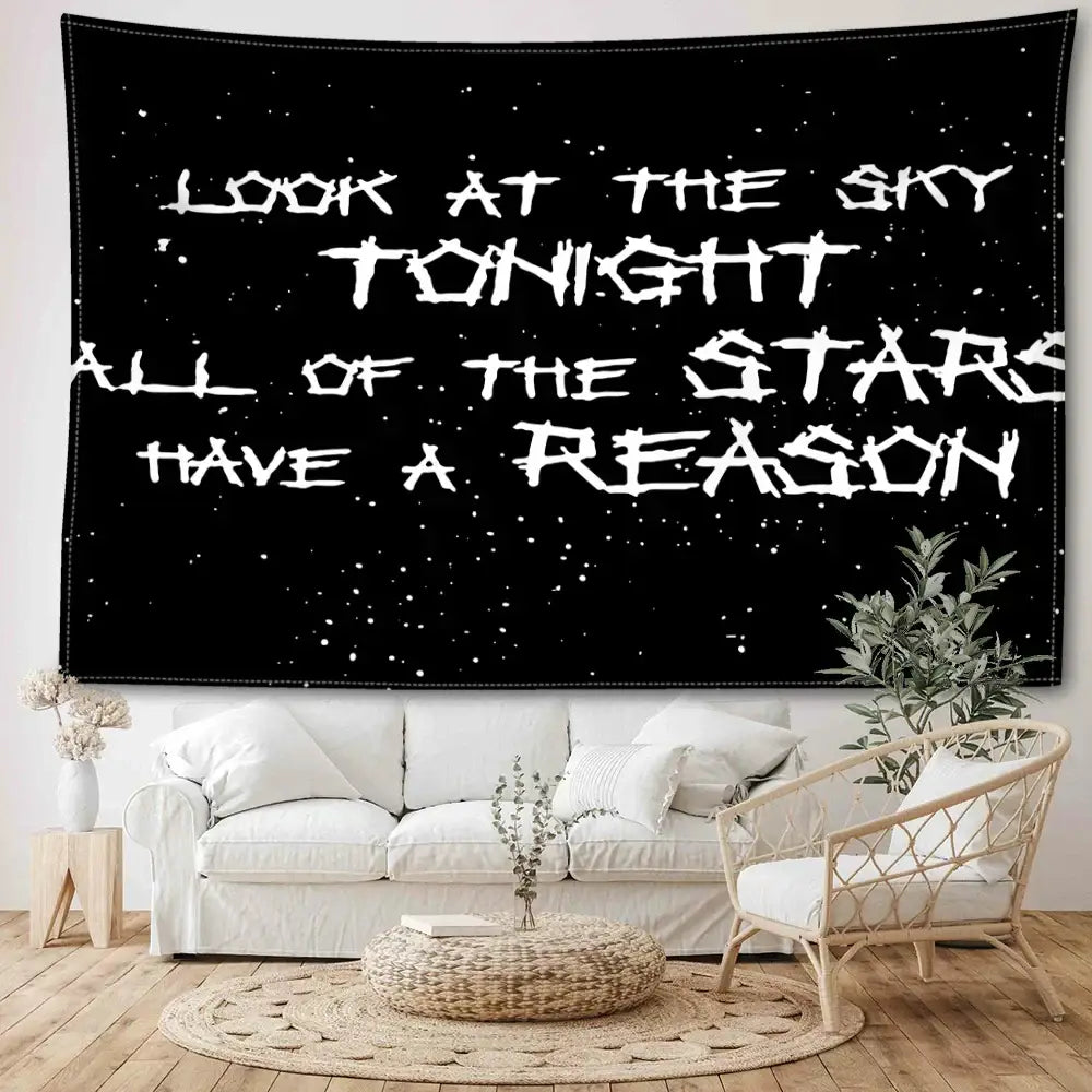 Black wall tapestry with white stardust and distressed lettering from decorbites black sky art sky art tapestry bedroom decor