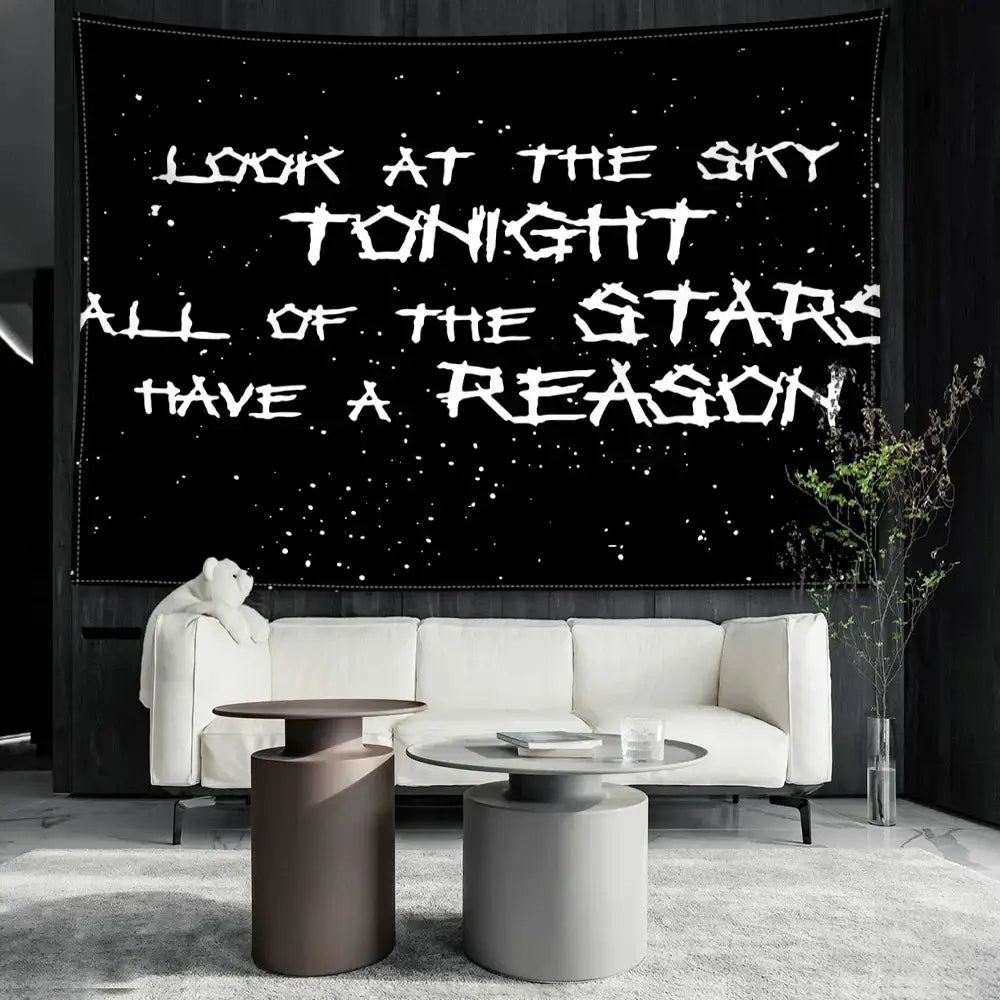 Decorbites black sky art tapestry in black with white distressed lettering for bedroom starry wall decor