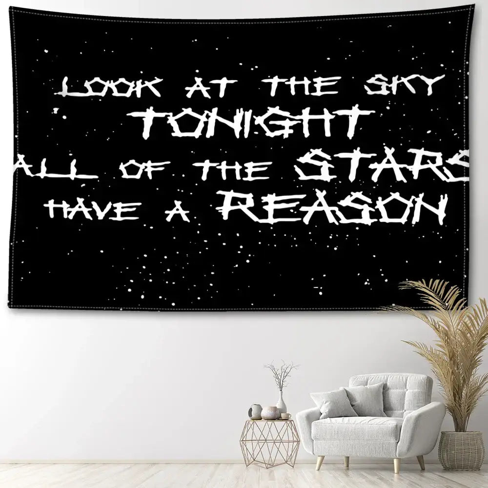 Black wall tapestry with white stardust background and bold distressed lettering for decorbites black sky art bedroom decor