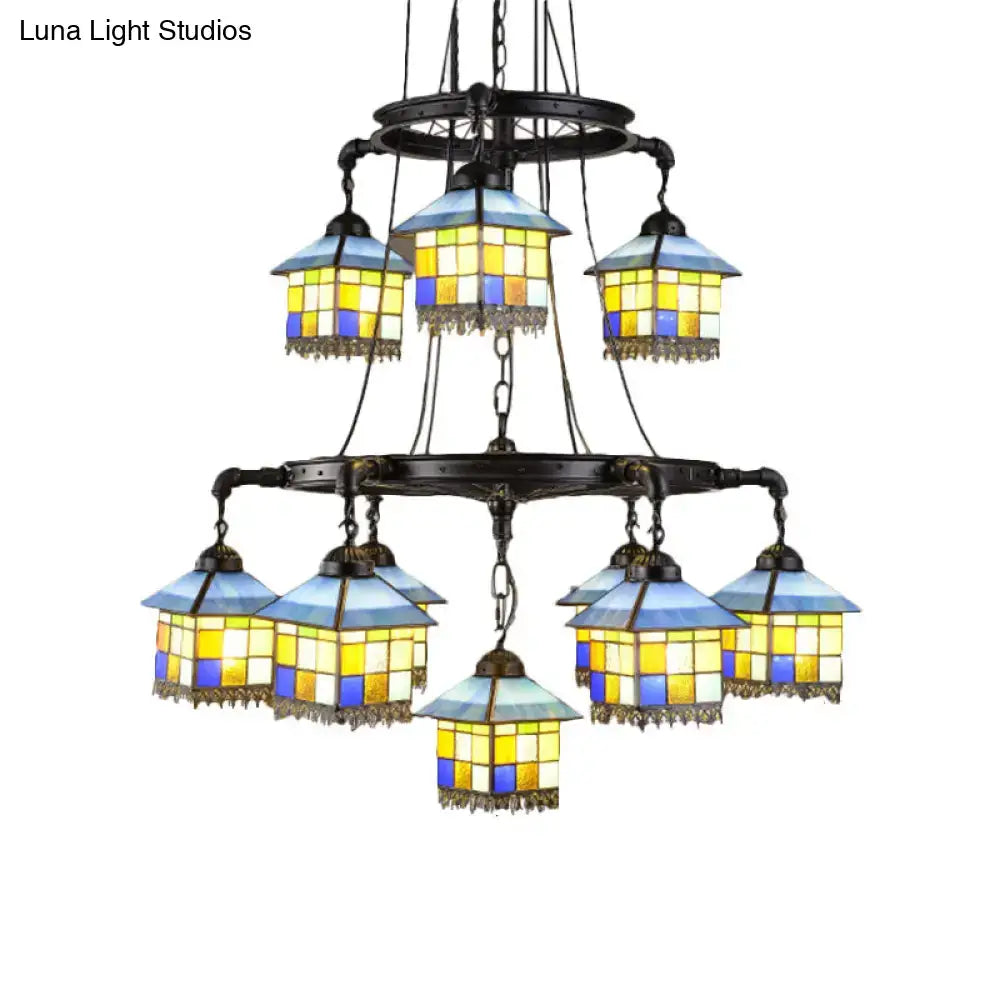 DecorBites™ black stained glass 2-tier chandelier with dark bronze frame for lodge style living rooms 220v-240v 110v-120v
