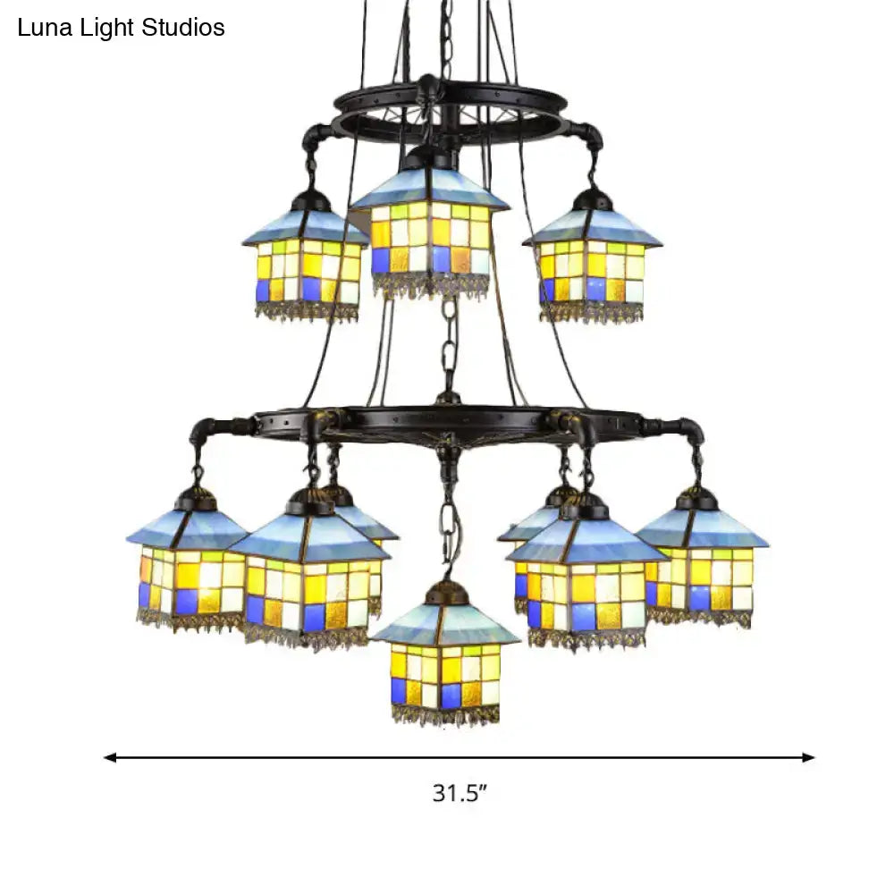 DecorBites black stained glass 2-tier chandelier with blue and yellow shades and dark metal frame for lodge style living rooms compatible with 110v-120v and 220v-240v