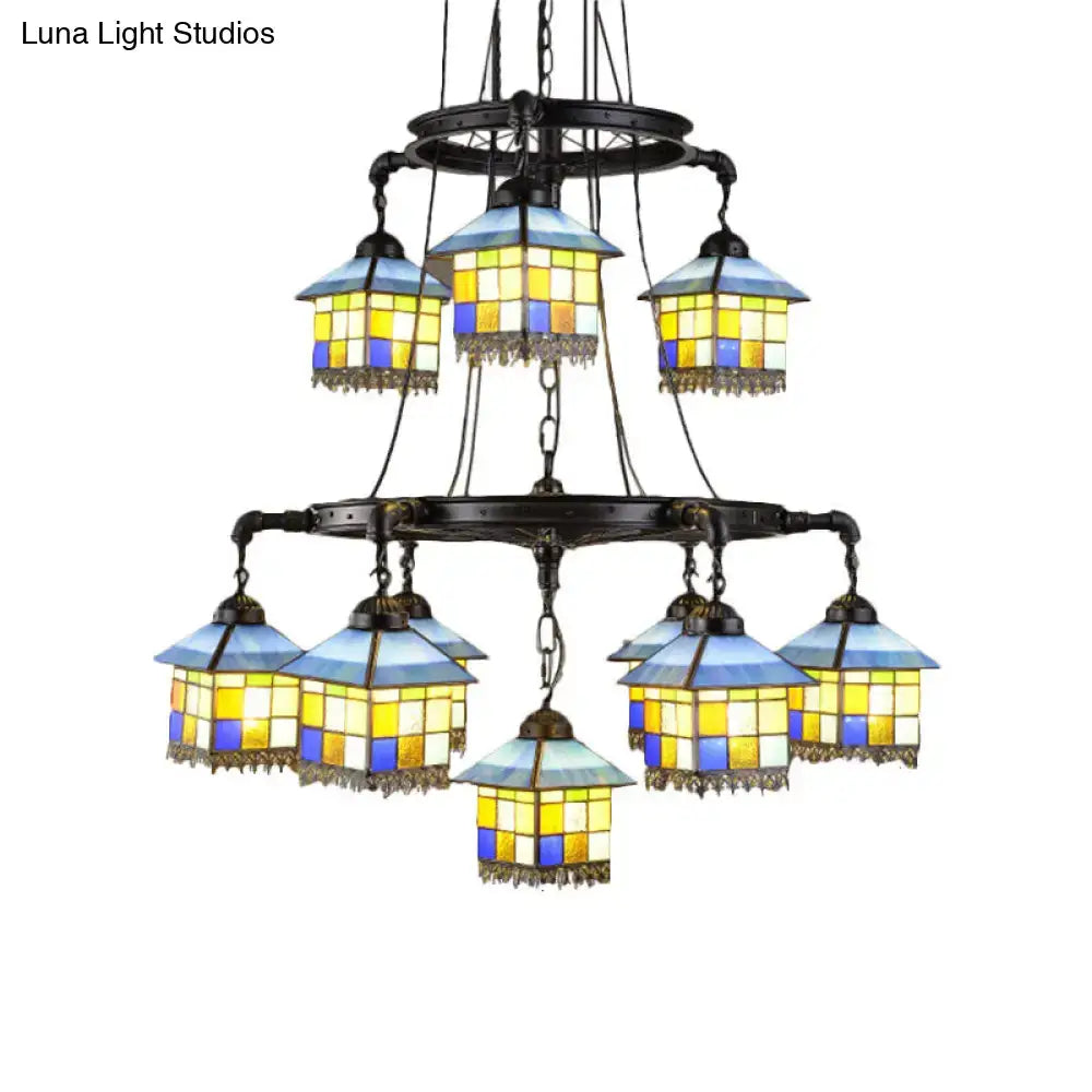 Decorbites™ black stained glass 2-tier chandelier with blue and yellow shades for lodge style living rooms 220v-240v 110v-120v