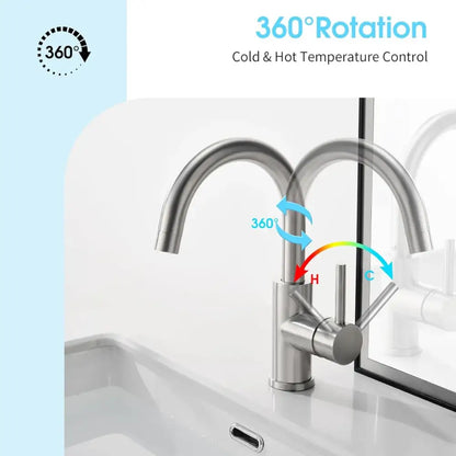 Decorbites™ black stainless steel bathroom faucet with single handle, 360-degree rotation, acero inoxidable alta calidad duradero y práctico