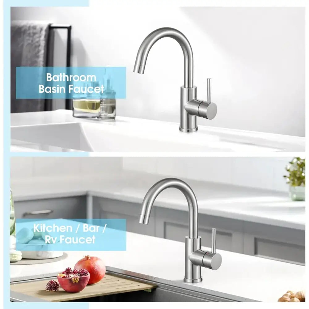 Modern DecorBites™ black stainless steel bathroom faucet with a sleek curved spout and duradero y práctico diseño