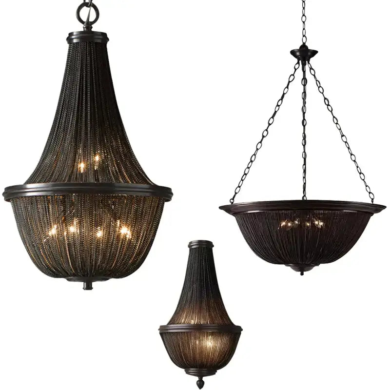 Elegant decorbites black tassel ceiling chandelier with intricate wrought iron chain links and warm glowing lights for living room