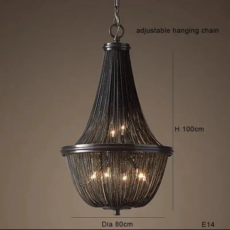 Decorbites black tassel ceiling chandelier with black wrought iron and cascading chain strands for living room lighting