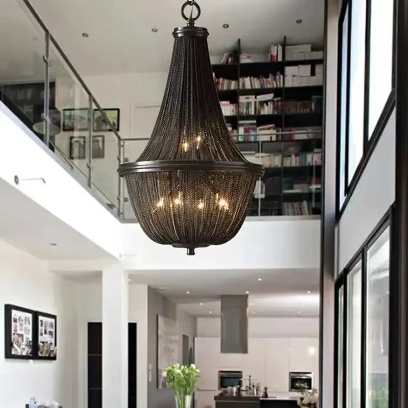 Decorbites black tassel ceiling chandelier featuring black wrought iron and warm bulbs for living room pendant light