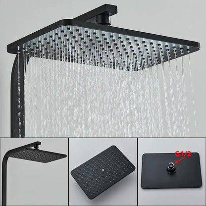 Black matte-finished square rain shower head with multiple jets in decorbites black thermostatic digital shower faucet set
