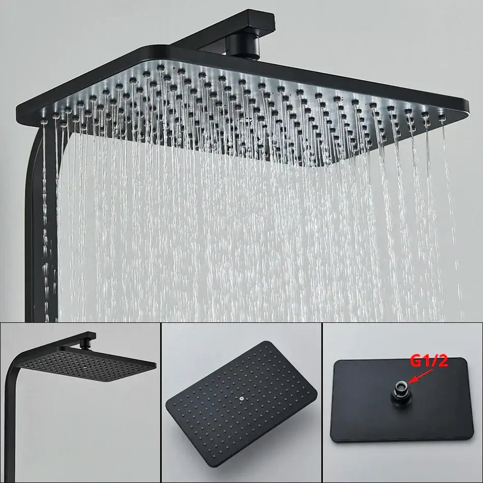 Black matte-finished square rain shower head with multiple jets in decorbites black thermostatic digital shower faucet set