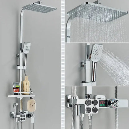 Chrome-finished square rain shower head with integrated handheld spray and digital temperature display for decorbites black thermostatic digital shower faucet set