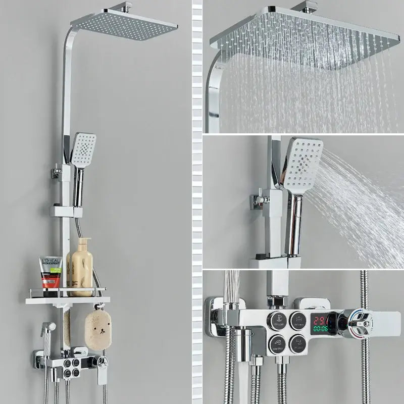 Chrome-finished square rain shower head with integrated handheld spray and digital temperature display for decorbites black thermostatic digital shower faucet set