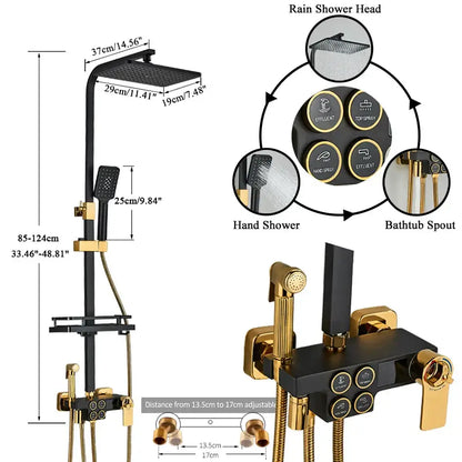 Black thermostatic digital shower faucet by decorbites featuring gold rain shower head hand shower and control panel