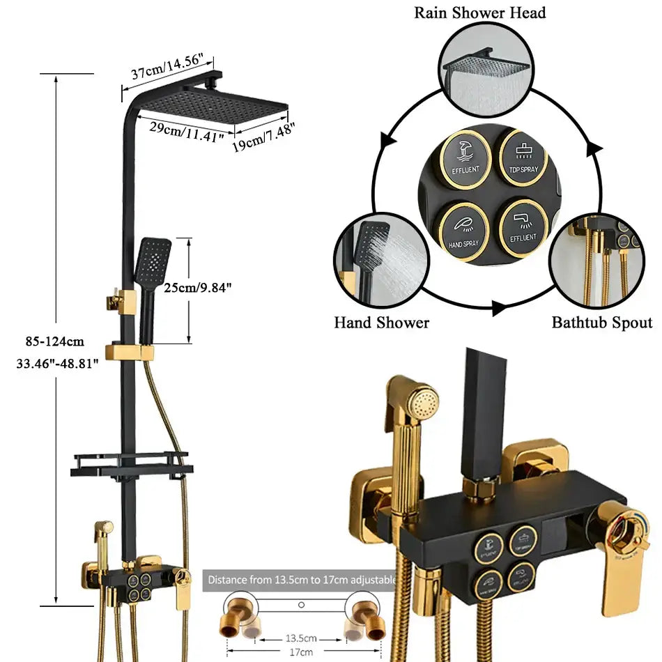 Black thermostatic digital shower faucet by decorbites featuring gold rain shower head hand shower and control panel