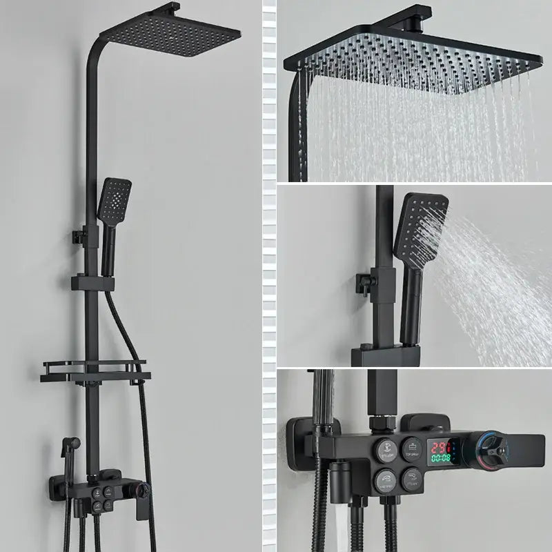 Black matte finish decorbites black thermostatic digital shower faucet set with square rainhead and handheld spray nozzle