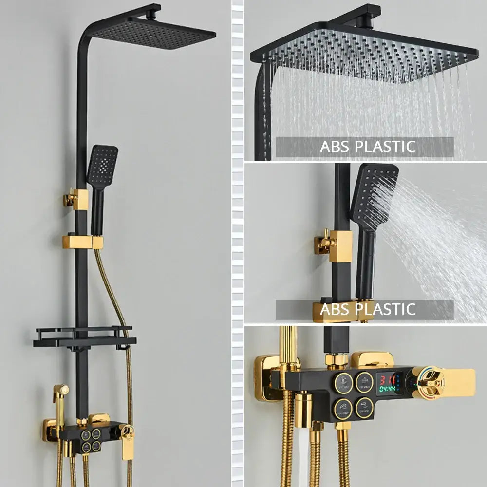 Decorbites black thermostatic digital shower faucet set in black and gold abs plastic with square rainhead and handheld sprayer