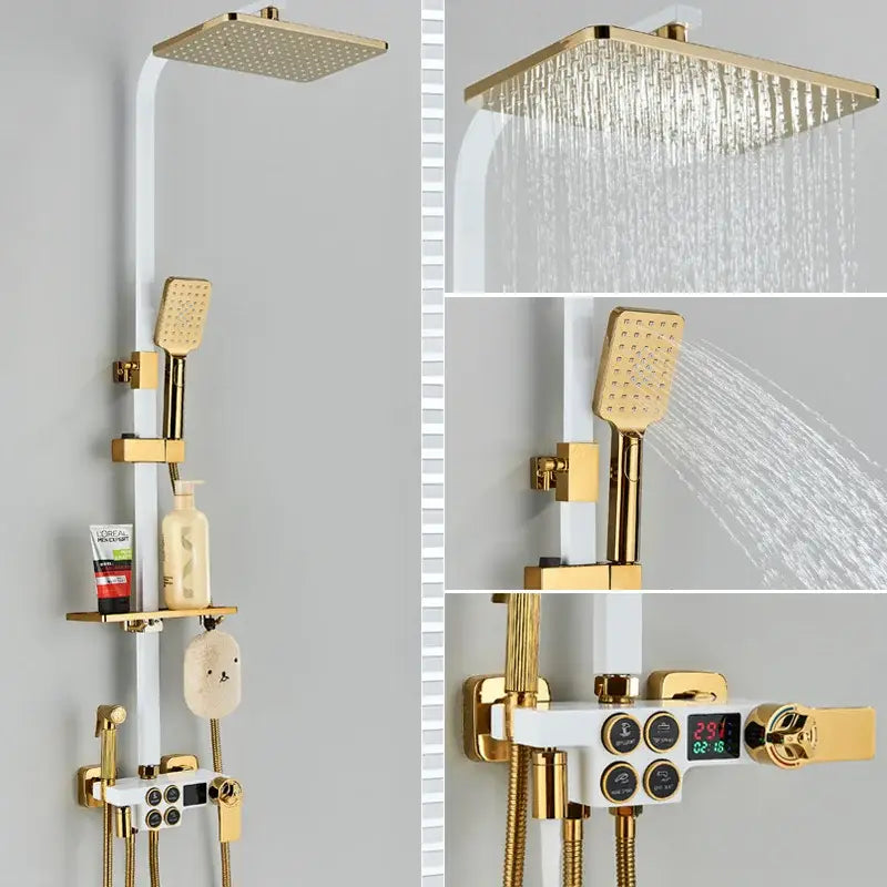 Gold-finished square rain shower head with digital temperature and time display in decorbites black thermostatic digital shower faucet set