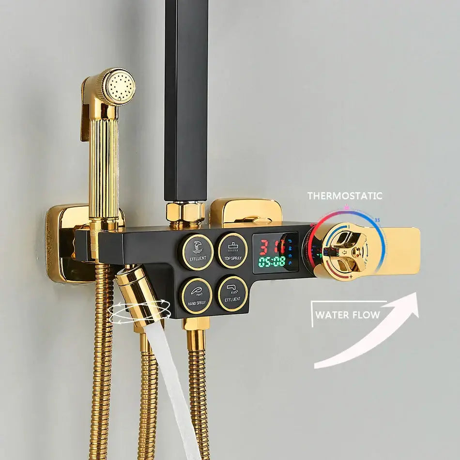 Gold-finished thermostatic shower faucet with digital display and multiple spray settings in decorbites black thermostatic set
