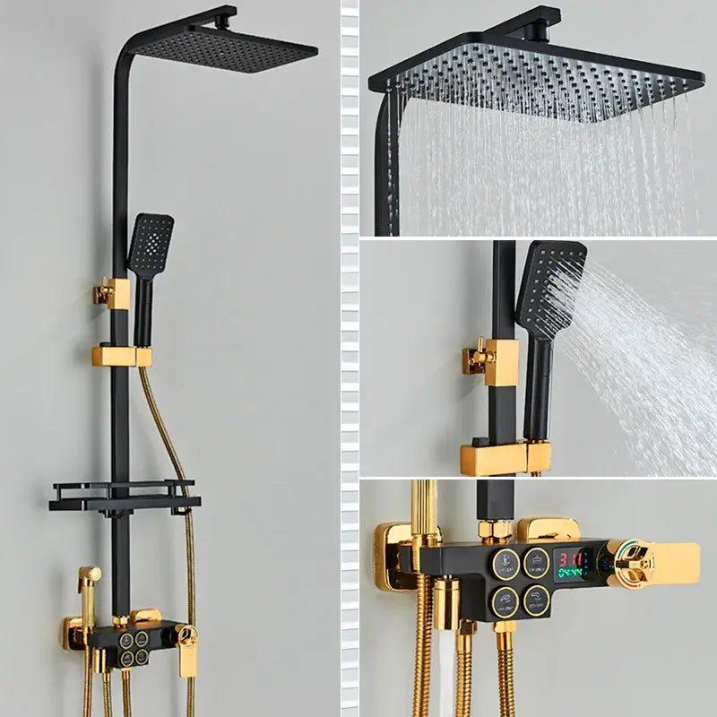 Decorbites black thermostatic digital shower faucet set with black and gold rainhead handheld spray for bathroom