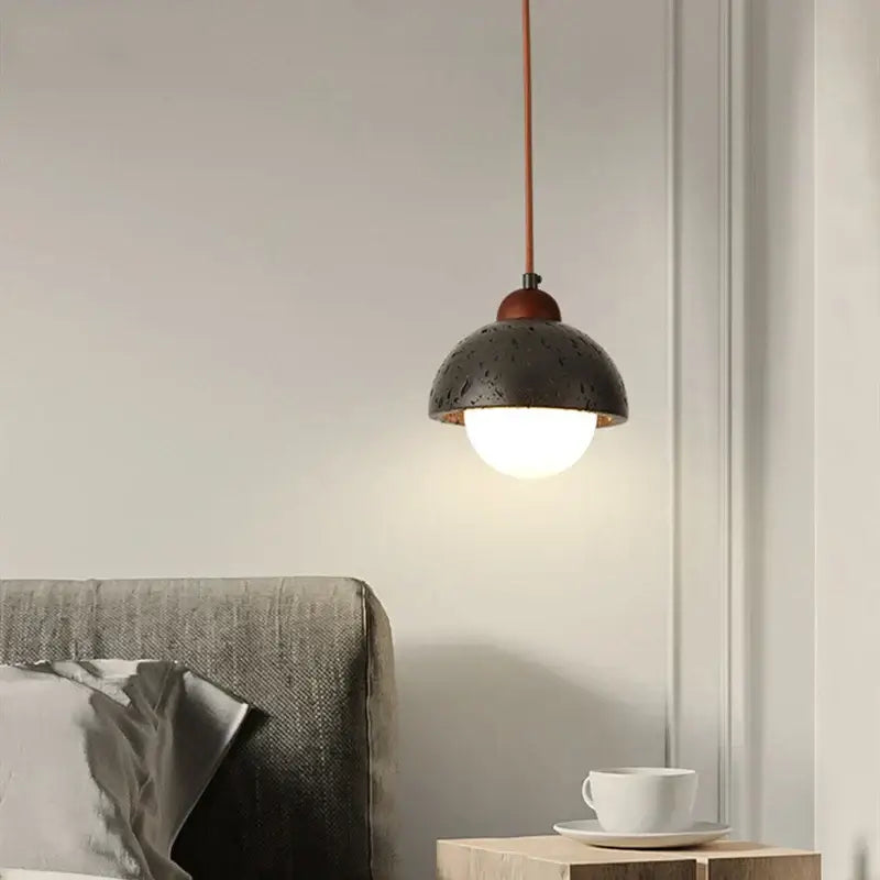 Decorbites black travertine led pendant lamp with dark textured metal and copper cord for dining room lighting