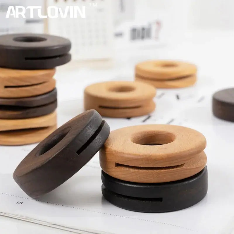 Decorbites black walnut circular bag clips with central hole and slot in dark and light wood for kitchen sealing