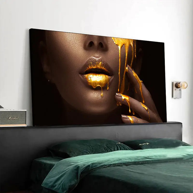 Decorbites black women oil painting canvas print with black and gold lips and hand adorned with dripping gold paint