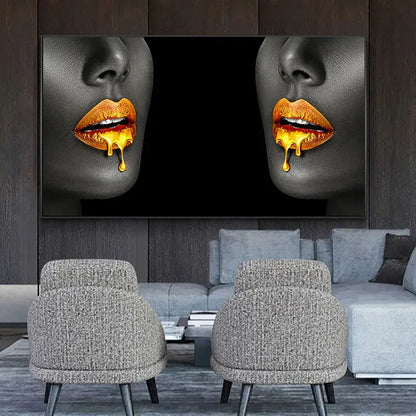 DecorBites™ black women oil painting featuring two symmetrical black-and-white faces with golden lips dripping oil