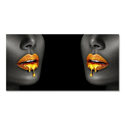 Decorbites™ black women lips oil painting featuring striking black and white canvas with golden lips dripping