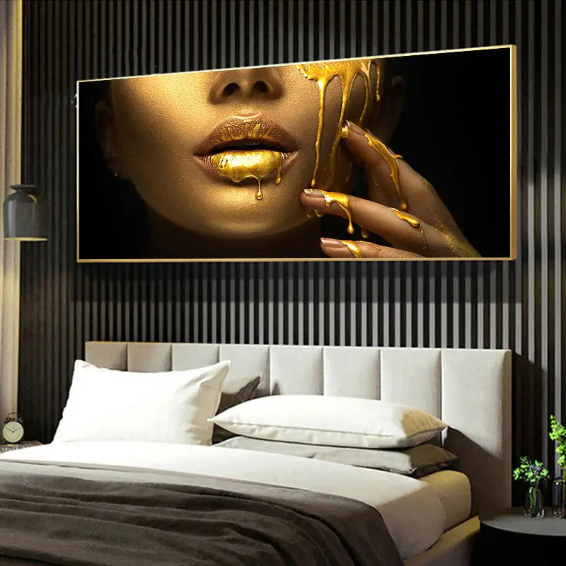 A rectangular oil painting canvas print of a black woman with golden lips and dripping gold paint, framed in metallic gold